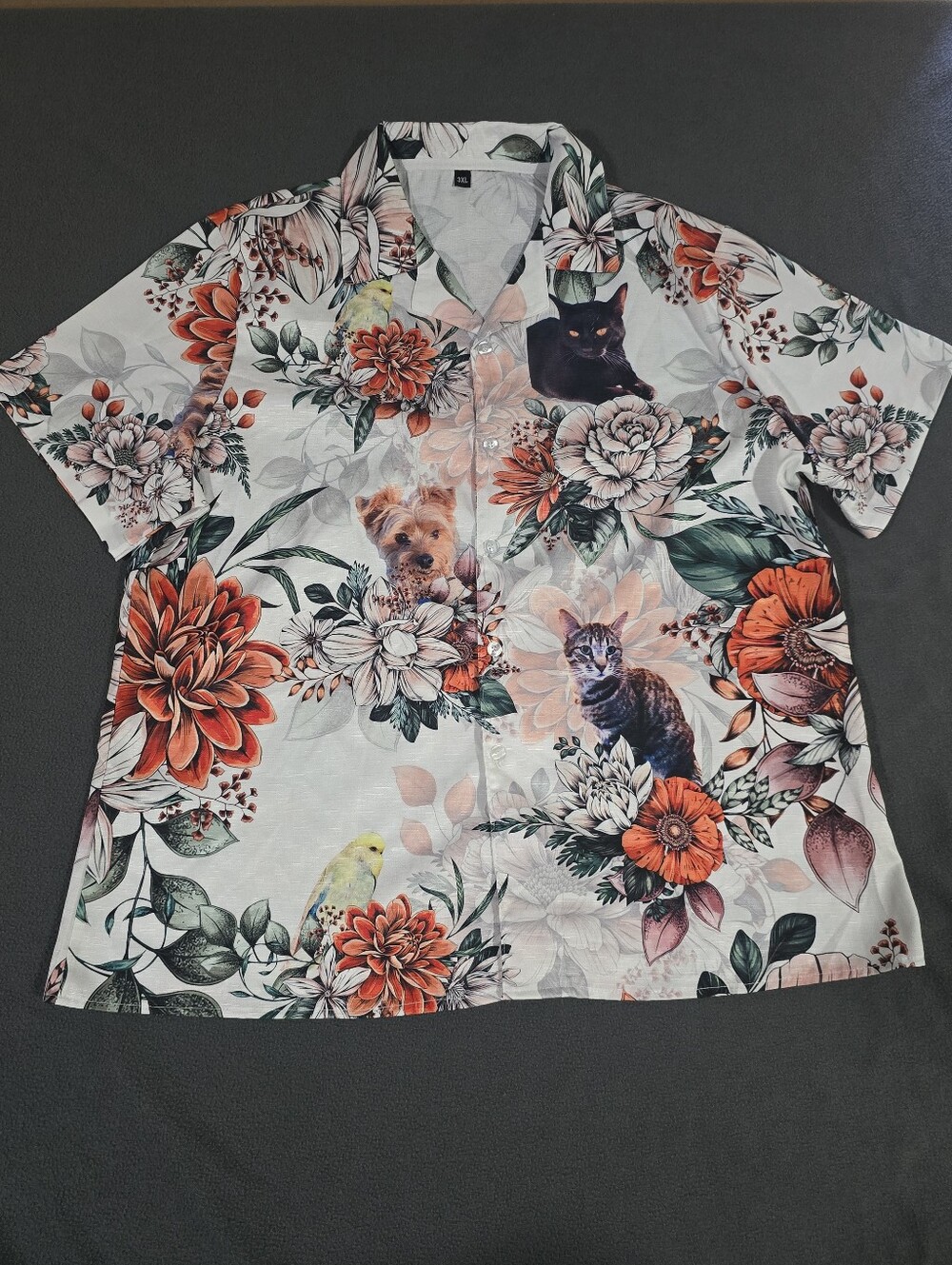 Cute Hawaiian Lightweight Summer Floral Cats Bird Dog Print Button Up Shirt 3XL